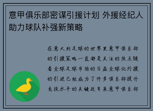 意甲俱乐部密谋引援计划 外援经纪人助力球队补强新策略 意甲俱乐部密谋引援计划 外援经纪人助力球队补强新策略