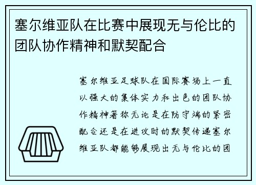 塞尔维亚队在比赛中展现无与伦比的团队协作精神和默契配合 塞尔维亚队在比赛中展现无与伦比的团队协作精神和默契配合