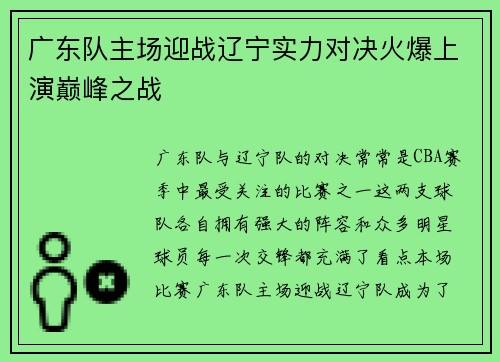 广东队主场迎战辽宁实力对决火爆上演巅峰之战