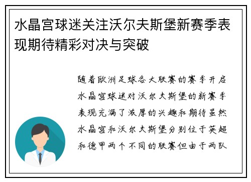 水晶宫球迷关注沃尔夫斯堡新赛季表现期待精彩对决与突破