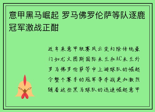 意甲黑马崛起 罗马佛罗伦萨等队逐鹿冠军激战正酣 意甲黑马崛起 罗马佛罗伦萨等队逐鹿冠军激战正酣